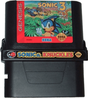 Photo of Sonic & Knuckles cartridge with Sonic the Hedgehog 3 attached