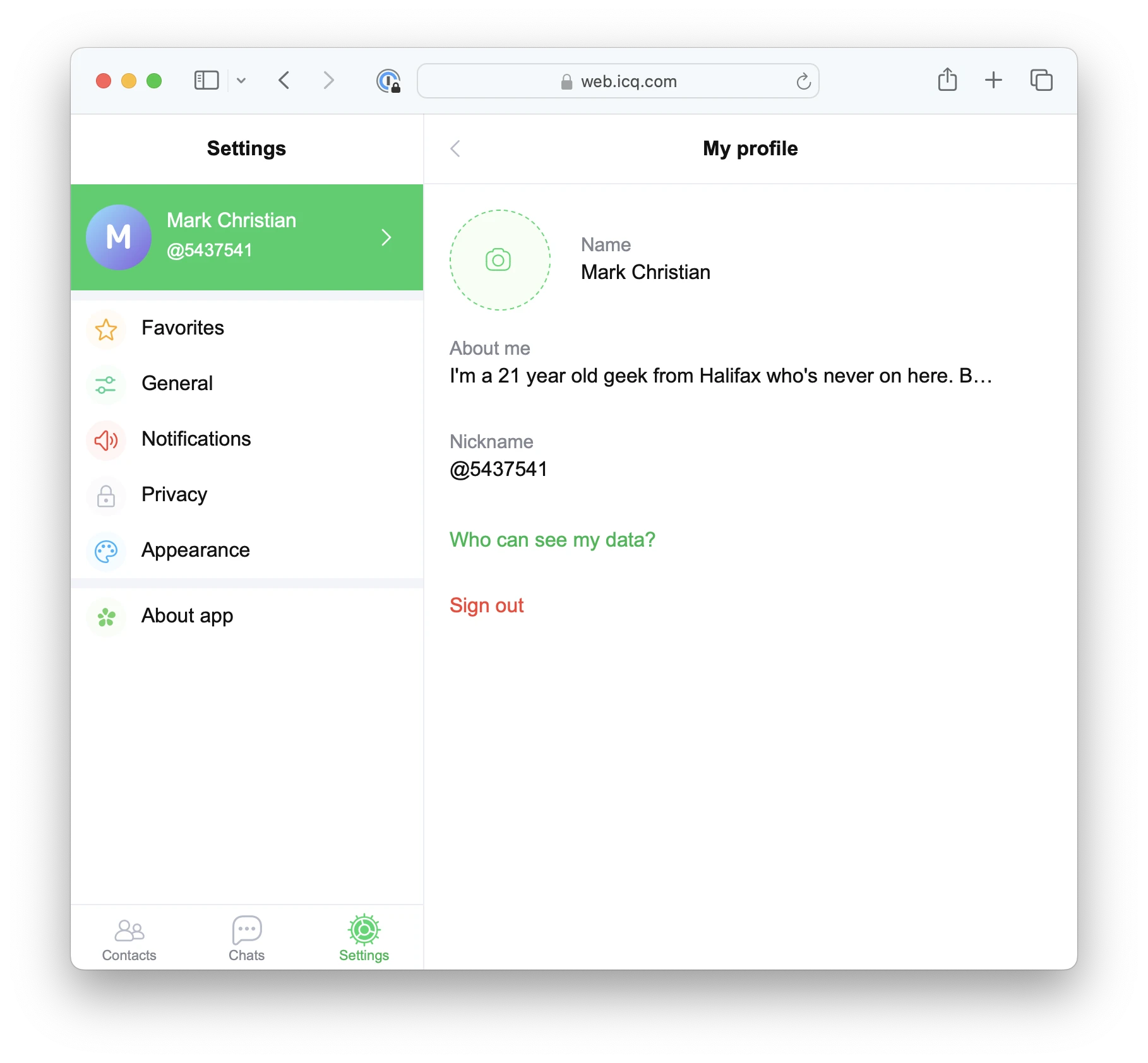 “I'm a 21 year old geek from Halifax who's never on here. But you can catch the daily exploits of me on my site at shinyplasticbag.com.” Screenshot of ICQ's user profile page circa May 2024