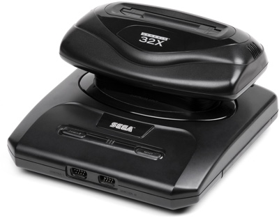 Photo of the Sega 32X atop a model 2 Sega Genesis